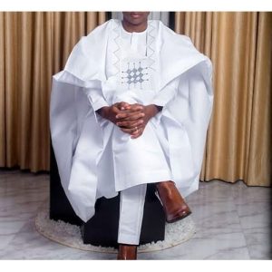 Men Native, Agbada, White Long Sleeves Cuff Hand
